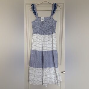 NWT! J Crew 100% Cotton Smocked Dot Tiered Sleeveless Midi Dress Blue/White Med
